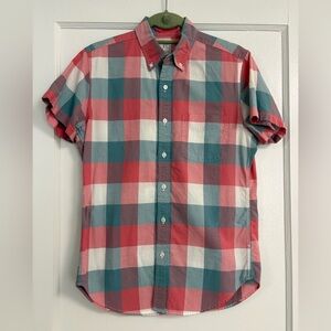 Men’s J.Crew oxford short-sleeve button-down shirt coral blue white plaid Small